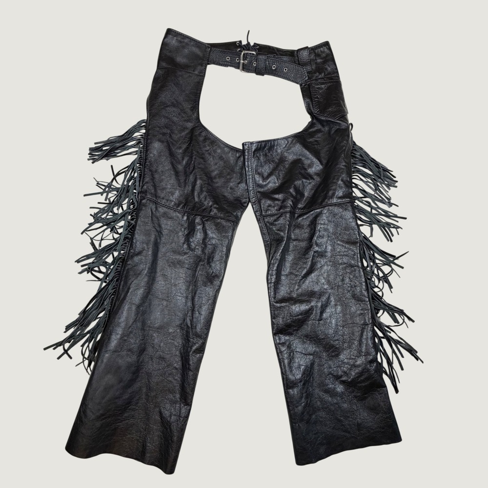 Leather Rider Black Fringed Motorcycle Chaps XL Made in USA Western Biker Gear